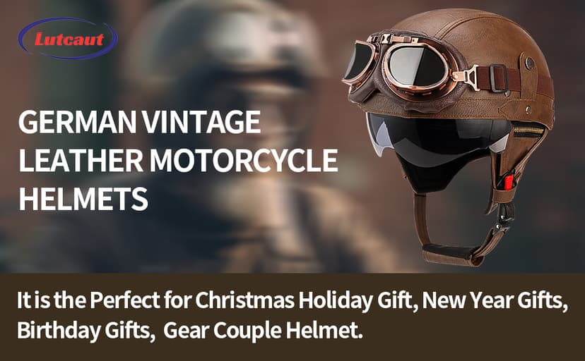 German Style Leather Motorcycle Half Helmet for Adults Men Women, DOT Approved Vintage Cap Half Face Shell Motorcycle Helmets for Cruiser Chopper+Goggles