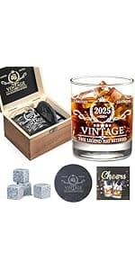 Retirement Gifts for Men Whiskey Glass Set - The Legend Has Retired 2025 - Retirement Party Decorations, Supplies - Gifts Ideas for Him, Dad, Husband, Friends - Wood Box & Whiskey Stones & Coaster