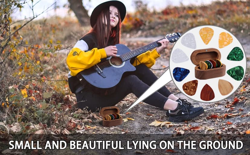 Walnut Guitar Plectrum Holder Set with 2 Color Wood Plectrums and 8 Celluloid Plectrums (4 Thicknesses),Mini Jewelry Box,Brown Wooden Trinkets,Box Size 3.35 * 1.77 * 1.57 inch (Wood color)