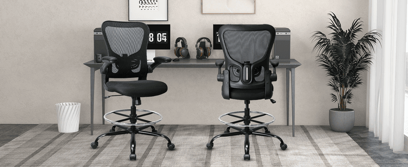 Drafting Chair, Ergonomic Tall Office Chair for Standing Desk, Counter Height Desk Chair with Adjustable Padded Armrests and Footrest Ring Standing Desk Chair Adjustable Height with Lumbar Support
