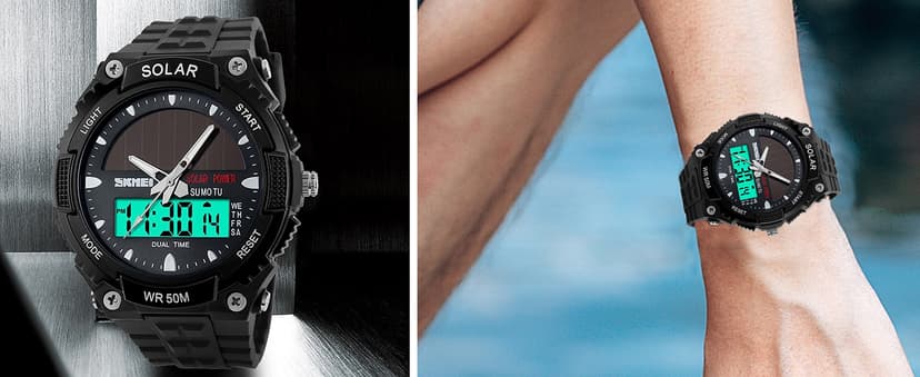 FANMIS Men's Solar Powered Casual Quartz Wrist Watch Analog Digital Multifunctional Black Sports Watch