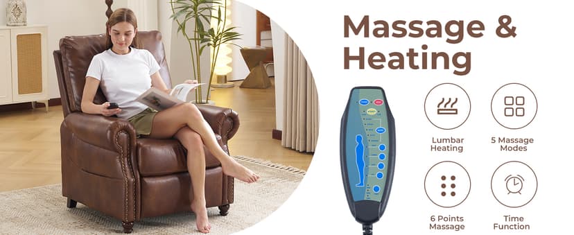 Pushback Recliner Chair with Massage and Heat, Breathable Leather Recliner Chair with Overstuffed Backrest, Recliner with Rivet Decoration, Single Sofa Accent Chair for Living Room, Brown