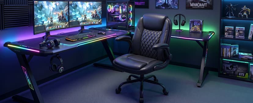 MALOL Leather Office Chair, Computer Desk Chair with Adjustable Lumbar Support, Thick Cushion, Flip-Up Arms and Ergonomic Back, Comfy Executive Office Chair for Home Office Gaming,Black