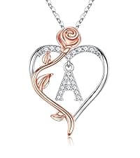 Iefil Rose Heart Necklaces Gifts for Women - 925 Sterling Silver Heart Initial Necklace, Anniversary Birthday Gifts for Women, Jewelry Gift for Wife Wife Girlfriend Mom