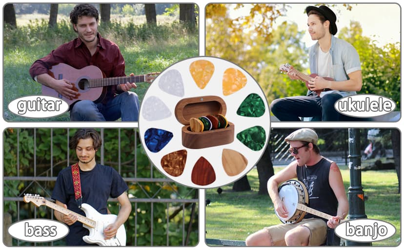 Walnut Guitar Plectrum Holder Set with 2 Color Wood Plectrums and 8 Celluloid Plectrums (4 Thicknesses),Mini Jewelry Box,Brown Wooden Trinkets,Box Size 3.35 * 1.77 * 1.57 inch (Wood color)