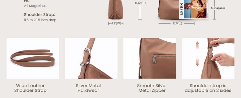 befen Genuine Leather Crossbody Hobo Purses for Women, Ladies Shoulder Bags Handbags with 2 Shoulder Straps