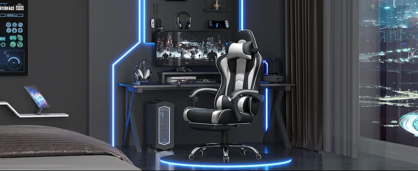 Yaheetech Gaming Chair, Video Game Chair with Massage Lumbar Support and Footrest Height Adjustable Ergonomic Computer Gaming Chair with Swivel Seat and Headrest, Black/White