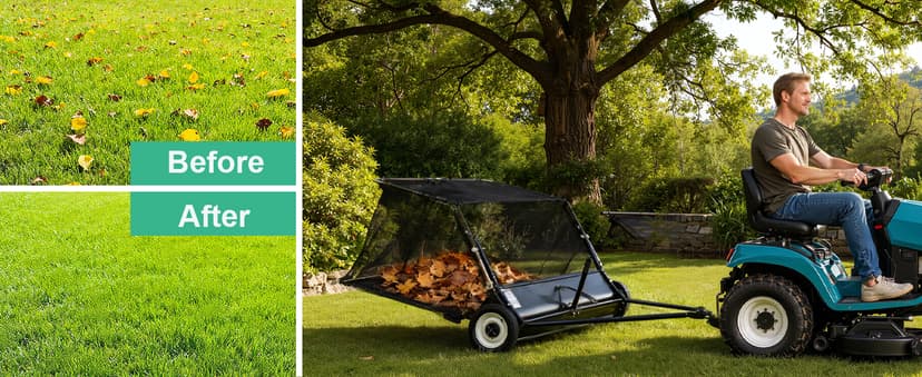 KARHDIR 52 in Tow Behind Lawn Sweeper, 26 cu.ft. Large Yard Sweeper, Adjustable Sweeping Height, Heavy Duty Leaf & Grass Collector with Dumping Rope, Pull Behind Sweepers for Debris Grass Clippings