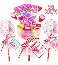 Valentines Day Gifts for Kids - 24 Pack Giant Lollipop-Shaped Stationery Set with Valentine's Cards Pencils Stickers Erasers Stampers Sharpener for Classroom Exchange School Boys Girls Party Favors