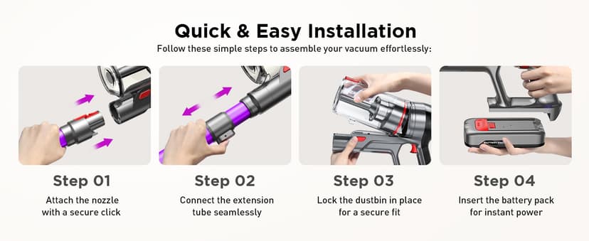 Cuzmok Cordless Stick Vacuum Cleaner - 550W Powerful Cordless Vacuum with HEPA Filter, Up to 50min Runtime & Tangle-Free Lightweight & Detachable Battery for Pet Hair Carpet Hardwood Floor Cleaning