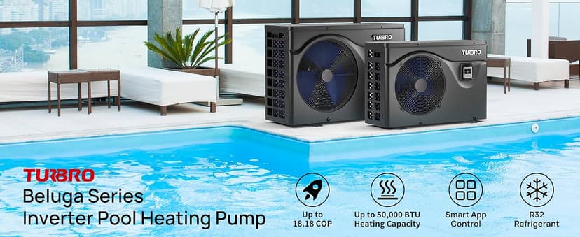 TURBRO 50,000 BTU Inverter Swimming Pool Heat Pump, Electric Pool Heater for in and Above-Ground Pools up to 16,000 Gallons, WiFi Enabled, Timer, 15.90 COP, 220-240 V, IPX4-Waterproof, Beluga Series