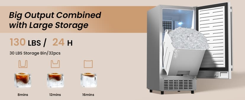 15” Under Counter Ice Maker Machine, 130 Lbs/Day with 30 LBS Storage Bin, Built-in Freestanding Stainless Steel Ice Maker with Auto-Cleaning, Smart LCD Panel, for Commercial & Home Outdoor Use