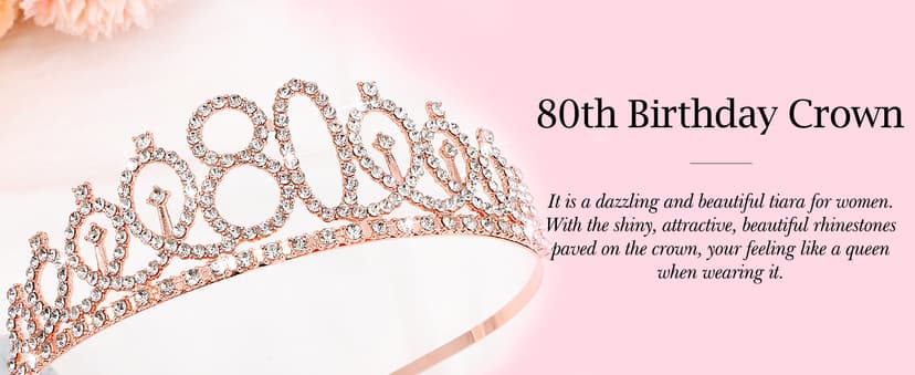 CIEHER 80th Birthday Crown + Sash + Pearl Pin Set, Elegant Gift for Women's 80th Birthday Party Decorations