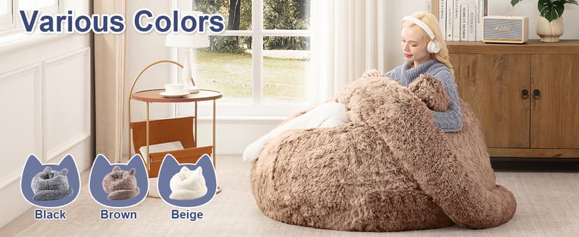 Achicsofar Bean Bag Chair for Adults Teens Giant Faux Fur Bean Bag Chairs with Filler Fluffy Plush Cat Shaped Beanbag Couch Comfy Accent Floor Sofa for Gaming, Reading in Living Room, Bedroom, Dorm