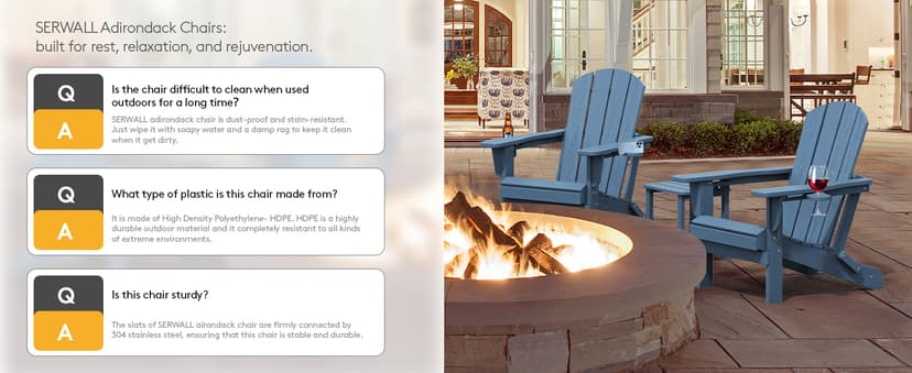 SERWALL Folding Adirondack Chair, HDPE Adirondack Chairs Set of 2, Plastic Outdoor Chairs- Looks Exactly Like Real Wood- Navy