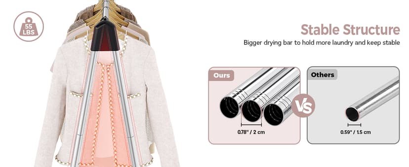 TOOLF Clothes Drying Rack Foldable, Laundry Drying Rack Stainless Steel, Portable Clothes Rack, Drying Rack for Clothing, Indoor Outdoor, Free-Standing, Large Capacity