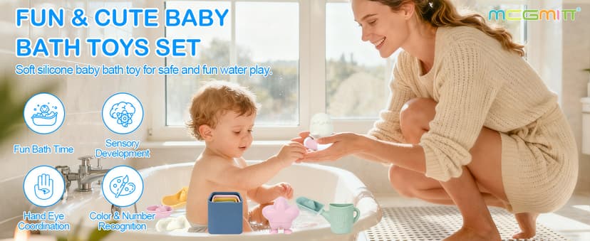 MCGMITT Baby Bath Toys for Kids Ages 1-3, 12 PCS Silicone Mold Free Bathtub Toys for 6-12 Months, Soft Stacking Cups & No Hole Duck & Floating Boats, Beach Sand Water Table Pool Toys for Toddlers