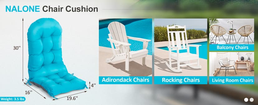 nalone 2 Pack Adirondack Cushion Rocking Chair Cushions High Back Adirondack Chair Cushion with Ties Patio Cushions for Outdoor Furniture (2 Pack, Blue)