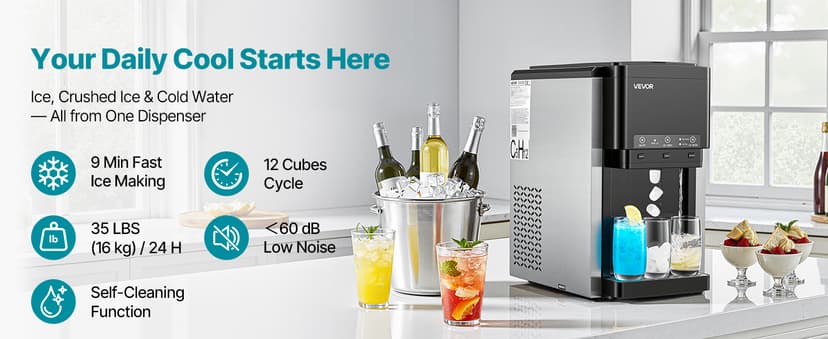 VEVOR Water Dispenser with Ice Maker, 3-in-1 Countertop Water Dispenser, 35 LBS/24H, 12 Cubes/7 Min Fast Ice Making with 4 LBS Storage, Bullet/Crushed ICES & Cold-Water, for Home, Kitchen, Party