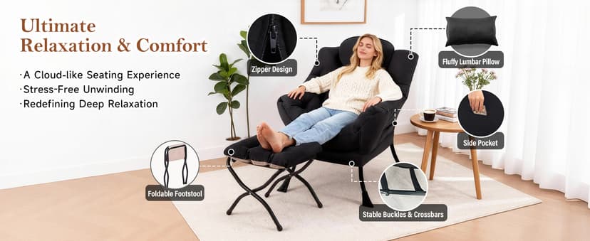 Lazy Chair with Ottoman, Modern Accent Chair with Lumbar Pillow, Dark Grey Sofa, Armchairs with Folding Footrest, Oversized Supportive Chairs for Bedroom, Reading