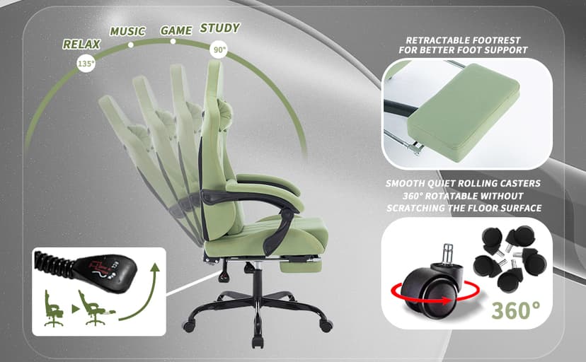Gaming Chair with Footrest Ergonomic Computer Chair Massage Lumbar Cushion, Racing Video Game Chair Adjustable Rocker Recliner Executive Office Desk Chair Fabric for Adults