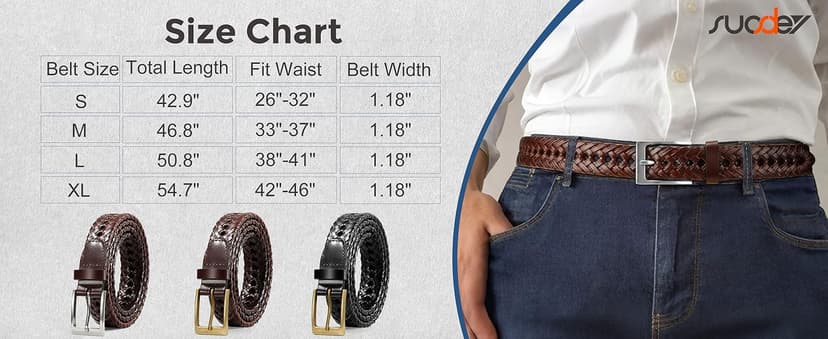 SUOSDEY Braided Genuine Leather Belt for Men, 1.2" Width Men’s Casual Woven Leather Belt for Jeans Pants