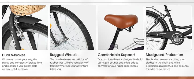 Outroad Beach Cruiser Bike, 24/26 inch Commuter Bicycle for Adult and Women,High-Carbon Steel Comfortable City Bikes with Rear Rack and Basket, (Black/Pink/White/Green/Purple)