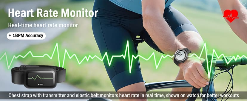 EZON Heart Rate Monitor and Chest Strap, Exercise Heart Rate Monitor, Sports Watch with HRM, Waterproof, Stopwatch, Hourly Chime T007