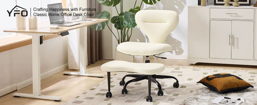 YFO Ergonomic Cross Legged Office Chair and ADHD Meditation Chair with Silent Wheels for Home Office Desk Chair and Yoga, Wider Backrest Support and Storage Pockets Design, PU Leather, Cream