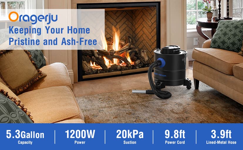 Oragerju Ash Vacuum, Pellet Stove Vacuum Cleaner, 5.3 Gallon, 20kPa, 1200W Powerful Motor with Blower Function, On Wheels and HEPA Filter, The Ash Vacuum for Pellet Stoves & Wood Stoves