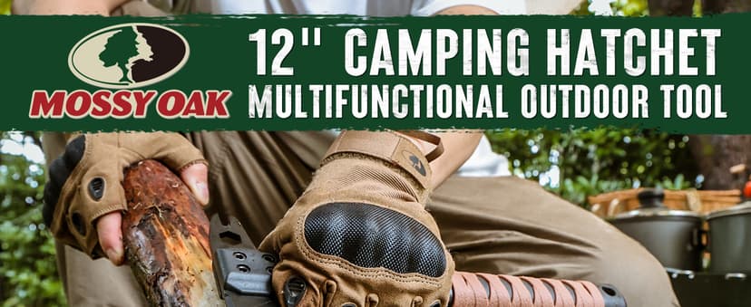 MOSSY OAK 12" Camping Axe and Survival Hatchet with Sheath, Compact Outdoor Multitool Hatchet with Hex Wrench Slots, Non-Slip Dual-Color Handle, Small Camping Gear for Hiking, Chopping, Hunting