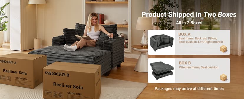 Amsleekey 64" Chaise Lounge Chair Indoor, Oversized Sleeper Chair with Wood Frame, Upholstered Sofa Bed for Living Room, Movie Room, Bedroom with 4 Storage Pockets&2 Cup Holders(Plush Corduroy, Grey)