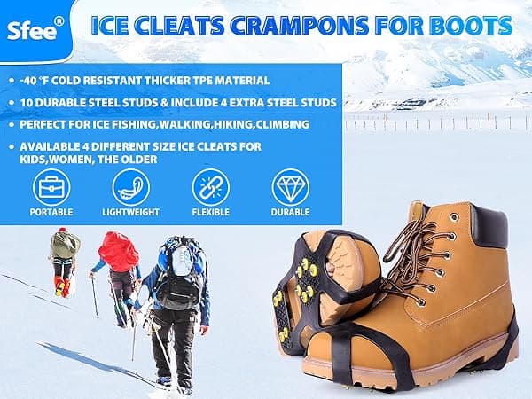 Sfee Ice Cleats for Boots Shoes, Snow Grips Cleats for Ice and Snow Anti-Slip Rubber Traction Cleats for Walking on Snow and Ice 10 Steel Studs Crampons for Hiking, Walking, Climbing, Jogging