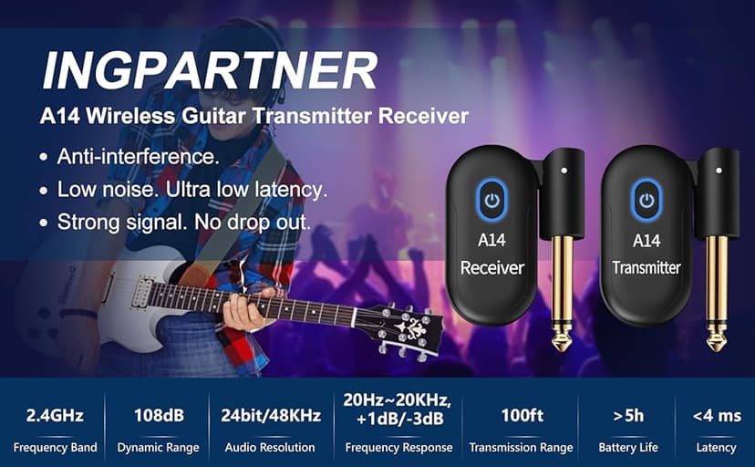INGPARTNER A14 Wireless Guitar System 2.4GHz 2 Modes, Thumb-Size, 90° Rotatable, 100ft Range, Wireless Guitar Transmitter Receiver Plug & Play for Guitar, Bass, Violin, Keyboard - Black (1TX + 1RX)