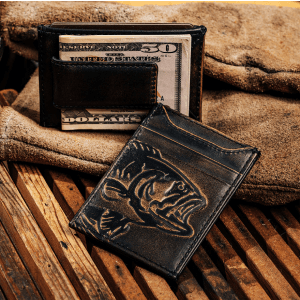 House of Jack Co. Bass Fish Bifold Wallet for Men and Outdoorsmen with Two ID Windows, Full Grain Cowhide Leather Wallet, Black