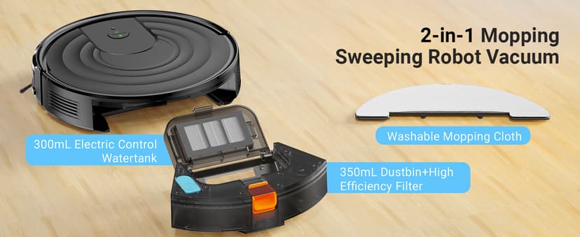 Robot Vacuum and Mop Combo, Robotic Vacuum Cleaner 5000Pa Strong Suction 130 Mins Runtime, Slim, Low Noise, Automatic Self-Charging, Wi-Fi/App/Alexa Control, Ideal for Hard Floor, Carpet, Pet Hair
