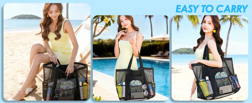Fammart Mesh Beach Bag, Large Beach Tote with Zipper Pocket, Toys Pool Bag for Family Travel Vacation Cruise Essentials