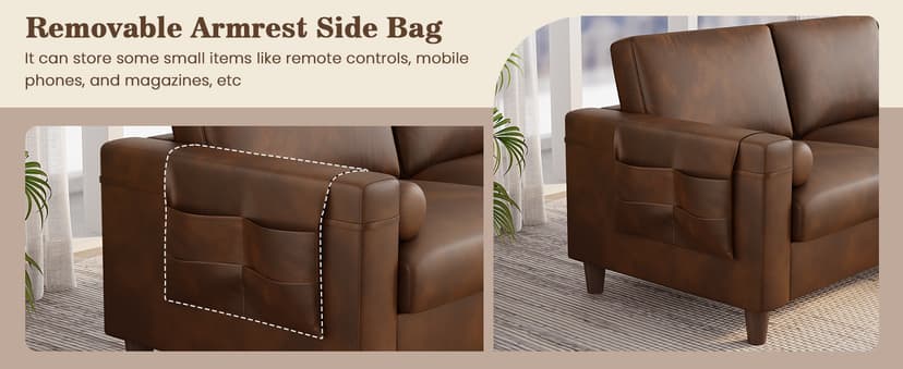 Vesgantti 100" PU Faux Leather Sofa with Movable Ottoman, 3 Seater L Shaped Leather Sectional Couch with Side Pocket, Comfy Mid Century Modern Modular Couch for Living Room, Apartment, Cocoa