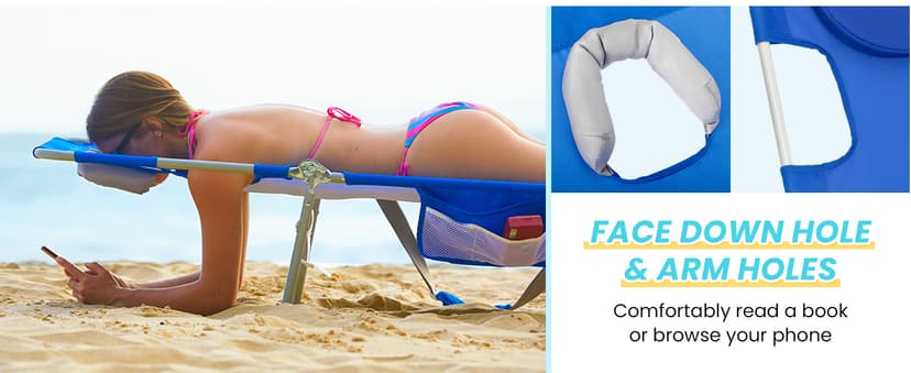 #WEJOY Folding Tanning Chair with Face Hole, 5 Positions Face Down Beach Lounge Chairs with Pillow for Outside Sunbathing Poolside (Blue/White)