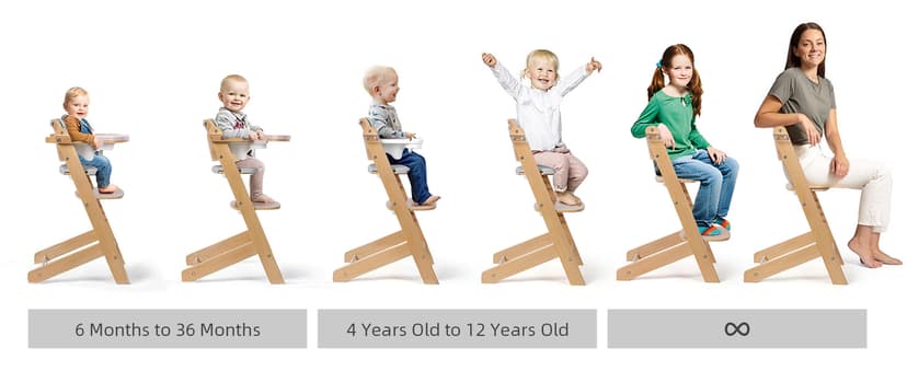 Cowiewie 3-in-1 Convertible Natural Wooden High Chair for Babies & Toddlers 3-Tier Remove & 2 Adjustable Wood Tray & 8 Levels Adjustable, 2 Waterproof Cozy Cushions Grey