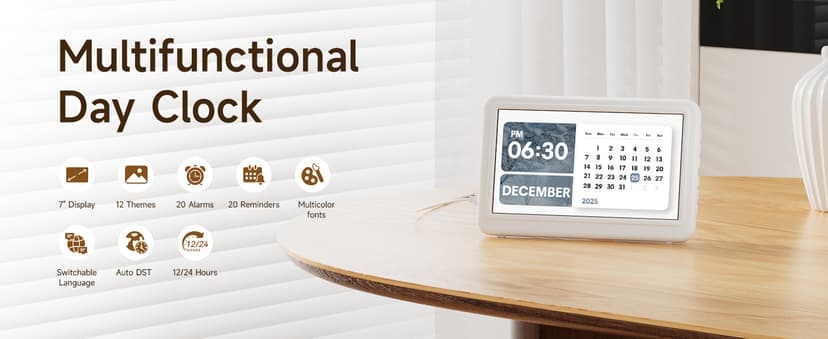 Raynic Date Clock, Digital Clock with 12 Themes, 20 Alarms, 20 Reminders, Semi-Automatic Dimming, 12/24 Hours, Auto DST for Desktop, Office, Students