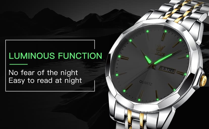 OLEVS Watch for Men Diamond Business Dress Analog Quartz Stainless Steel Waterproof Luminous Date Two Tone Luxury Casual Wrist Watch Blue