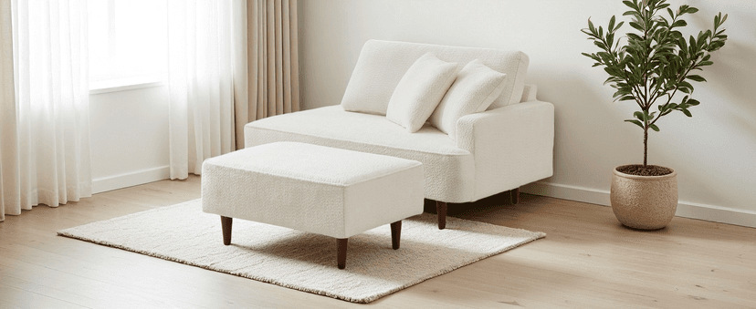 Upholstered Chaise Lounge Chair Indoor with Ottoman Boucle Chaise Lounge Fluffy Reading Chairs for Office Living Room Bedroom Relaxing (Boucle Biege)