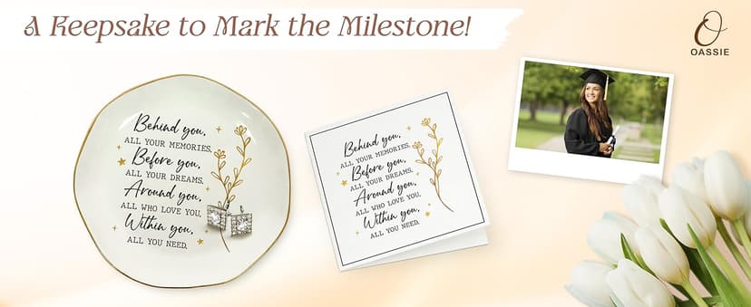 OASSIE Graduation Gifts for Women - 4"x4" Round-Shaped Ceramic Jewelry Dish Tray - Thank You Inspiration College High School Graduation Gifts for Her Friends Sister Women, Decorative Trinket Dish