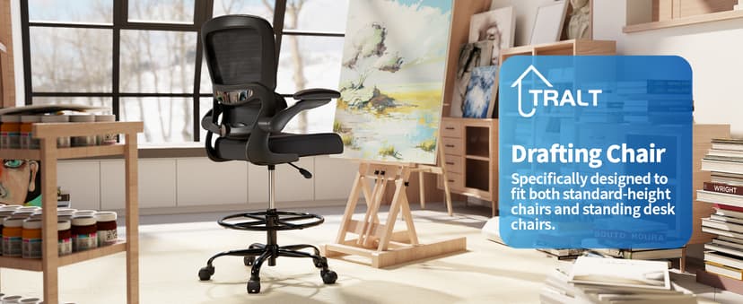 TRALT Drafting Chair - Tall Office Chair for Standing Desk - High Office Chair with Adjustable Footrest Ring Lumbar Support - Tall Office Chairs for Home Office with Flip-Up Armrests (Black)