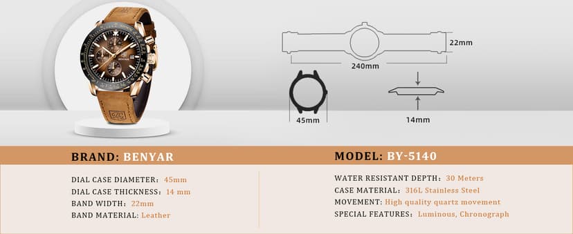 BENYAR Mens Watches Quartz Movement Chronograph Leather Strap Fashion Business Sport Design 30M Waterproof Scratch Resistant Elegant Gifts for Men