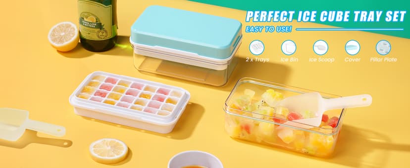 Ice Cube Tray with Lid and Bin, PHINOX 56 pcs Ice Trays for Freezer, Ice Cube Trays for Freezer with 2 trays, Container, Lid & Ice Scoop, BPA Free