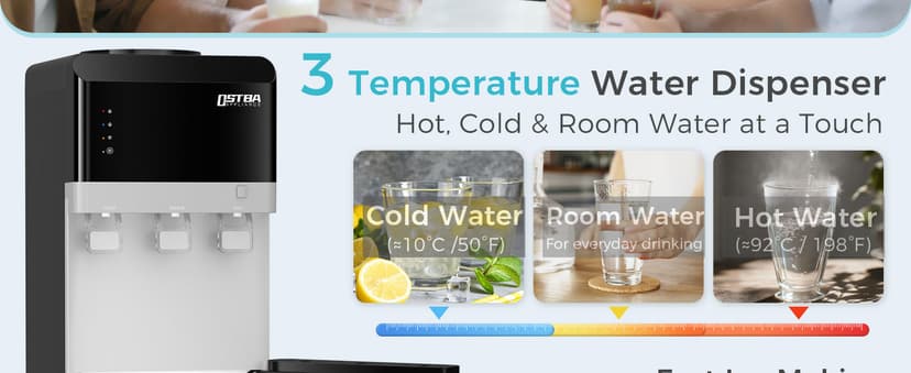 OSTBA Water Dispenser with Ice Maker for 3 & 5 Gallon Bottles, Top Loading Water Cooler with Hot Cold & Room Temperature Water, Bullet Ice Maker, Child Safety Lock for Home Office
