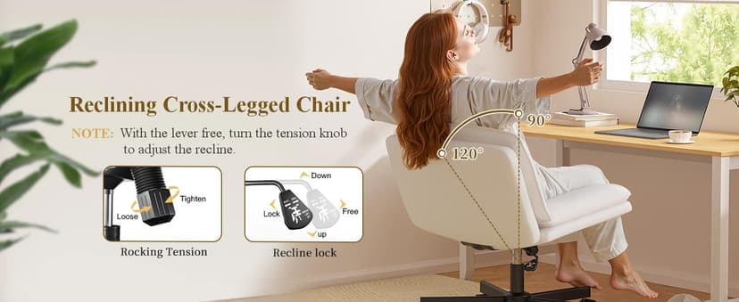 DurayLoly Criss Cross Chair with Wheels, Cross Legged Office Chair, Armless Wide Vanity Desk Chair with 2 Layer Scratch-Resistant Pu Leather Swivel for Home Office Bedroom,Beige