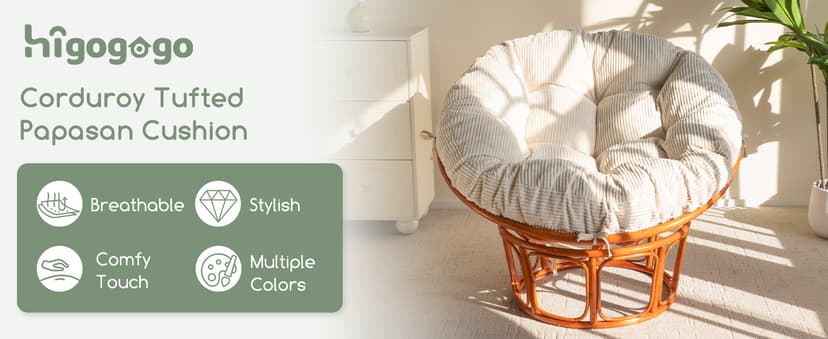 HIGOGOGO Papasan Chair Cushion with Corduroy Cover (Without Chair), 48 x 48 Inch Supportive Cushion, Overstuffed Chair Cushion,Beige